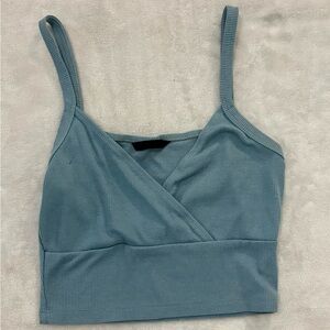 Ribbed Wrap Front Cropped Tank Top - Dusty Blue